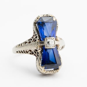 Art Deco blue glass stones with old euro diamond ring with heavy wear on prongs, 10k white gold, Ring size 3.5