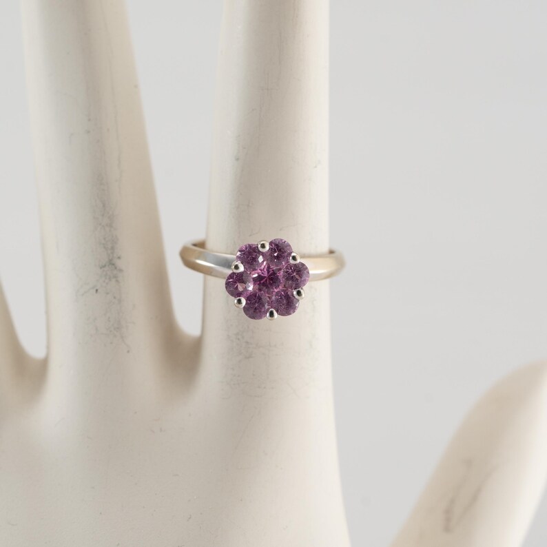 May include: A silver ring with a cluster of small purple gemstones set in a flower shape.
