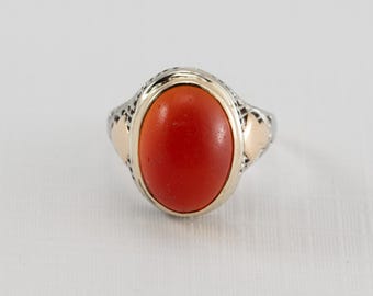 Antique Carnelian ring with sizing beads, 14k white gold ring, Oval Gemstone 14x10mm, Ring Size 5.5-6