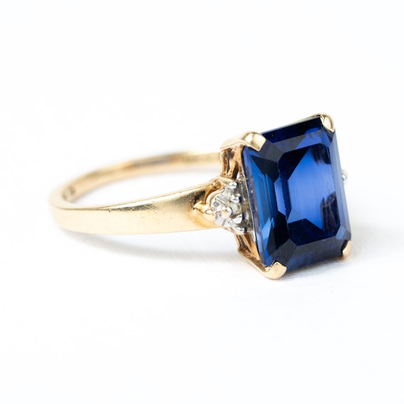 Vintage blue glass gem gold ring with diamonds ac… - image 2