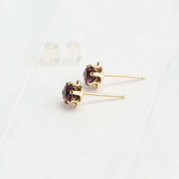 Purple Glass Stud Earrings 14k Yellow Gold Push B… - image 6