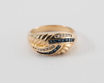 14k Sapphire and Diamond Chanel Band, Yellow Gold, Ring Size 6.25