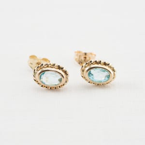 Blue topaz oval gemstone earring 10k yellow gold stud earrings, Mismatch pushbacks