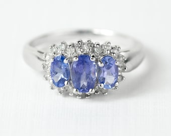 Tanzanite ring three stones  with diamonds, 10k white gold, Size 6.75, December birthstone, Genuine stones, Center 5x4mm, Sides 5x3mm
