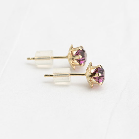 Purple Glass Stud Earrings 14k Yellow Gold Push B… - image 2