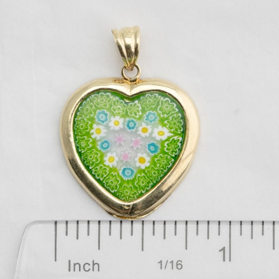 14k Heart Shape Pendant Murano Green Glass Flower… - image 9