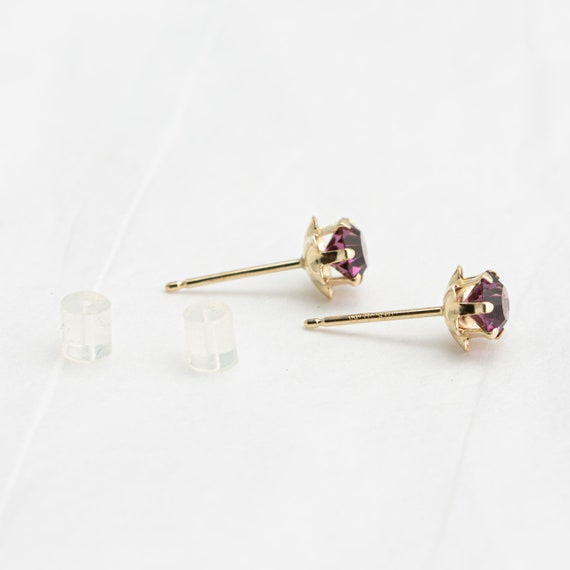 Purple Glass Stud Earrings 14k Yellow Gold Push B… - image 4