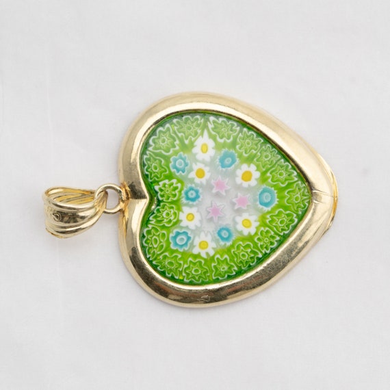 14k Heart Shape Pendant Murano Green Glass Flower… - image 2