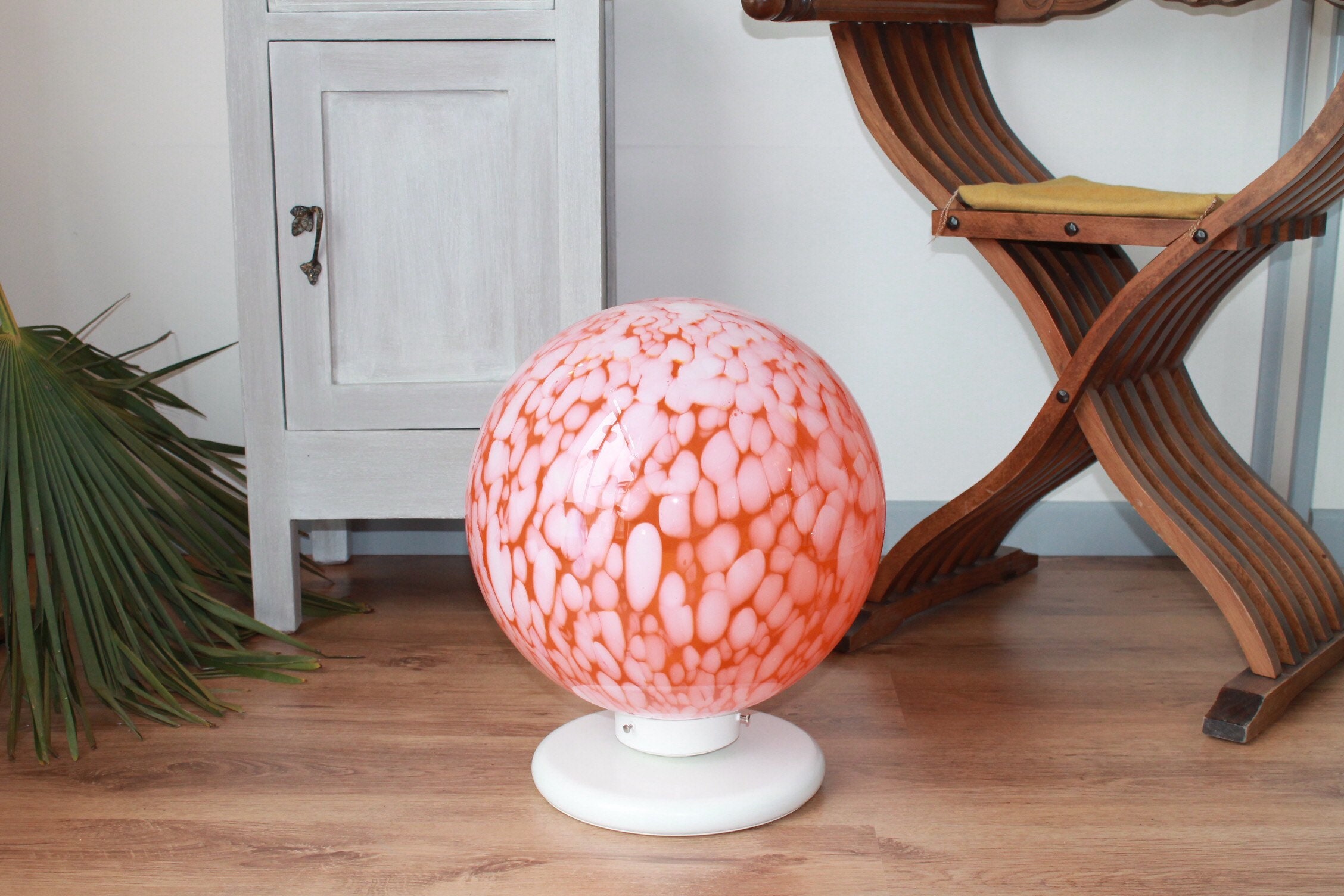 Lampe de Table à Boule, en Verre Murano Orange, avec Des Nuances Blanches. Style Vintage Années 70/8