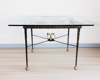 Square coffee table in wrought iron, forged, painted and handmade. With gold leaves and decorations engraved in iron.