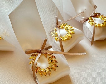 Boubounieres Koufeta Favors Wedding Gold Olive Branch Wreath Almond Candy Customized 10 MINIMUM PER ORDER (Customizable Ribbon)