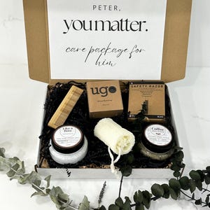 Caixa de presente orgânica de autocuidado grande premium para pai, colega de trabalho, presente de Natal, padrinho, amigo, avô (placa personalizada), pacote de cuidados, spa e relaxamento