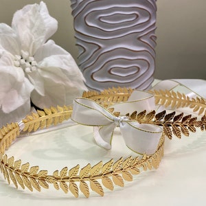 Gold Leaf Stefana: Orthodox Wedding Crowns with White Ribbon (Set of 2)