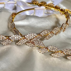 STEFANA Orthodox Wedding Gold Leaf Crown Head Wreath Tiara Rhinestone Orthodox Wedding Crown Set of 2