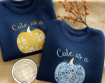 Navy Pumpkin Jumper | Liberty Fabric | Halloween Sweatshirt| Pumpkin Patch | Pumpkin Picking | Cute as a Pumpkin | Embroidered Autumn Outfit