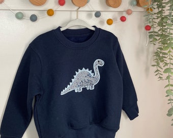 Liberty Dinosaur Jumper | Cosy Navy Jumper | Embroidered | Birthday Gift for Girl or Boy | Dino Sweatshirt | Liberty of London Fabric