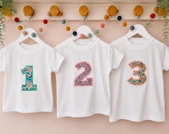 Liberty Birthday T-shirt | White Tee | Embroidered Number | Party Outfit | Birthday Boy / Girl | Liberty Fabric | Celebration Top | Gift