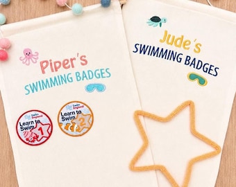 Personalised Children’s Swimming Badge Banner | Embroidered Swim Badge Holder | Learn to Swim Award Display | Swim Achievement Keepsake