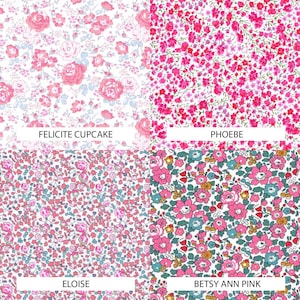 May include: A grid of four floral fabric patterns. Top left: Felicite Cupcake with pink roses on white. Top right: Phoebe with dense pink flowers. Bottom left: Eloise with pink and blue floral sprigs. Bottom right: Betsy Ann Pink with pink and teal flowers.