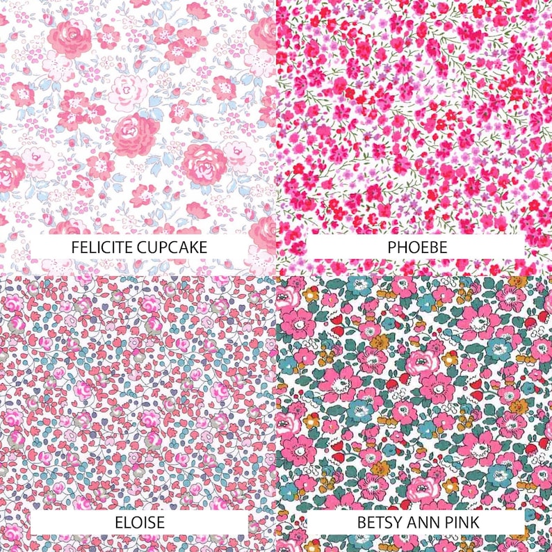 May include: A grid of four floral fabric patterns. Top left: Felicite Cupcake with pink roses on white. Top right: Phoebe with dense pink flowers. Bottom left: Eloise with pink and blue floral sprigs. Bottom right: Betsy Ann Pink with pink and teal flowers.