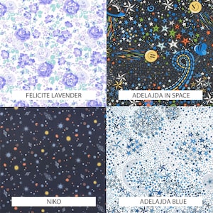 May include: A collage of four fabric patterns: top left features purple floral prints labeled FELICITE LAVENDER; top right shows a black space scene with stars and planets labeled ADELAJDA IN SPACE; bottom left displays a dark blue cosmic print labeled NIKO; bottom right shows blue stars on white labeled ADELAJDA BLUE.