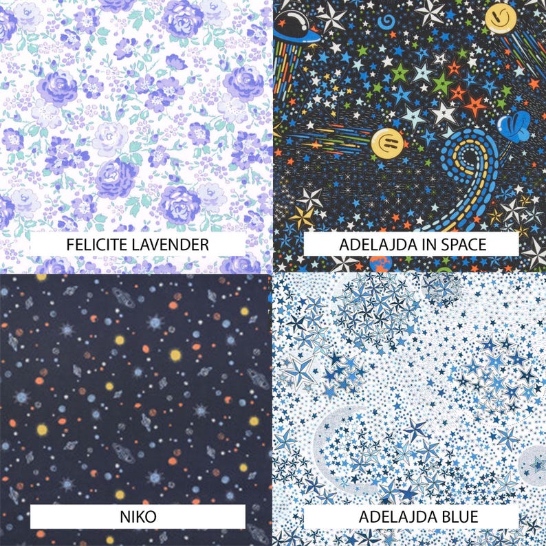 May include: A collage of four fabric patterns: top left features purple floral prints labeled FELICITE LAVENDER; top right shows a black space scene with stars and planets labeled ADELAJDA IN SPACE; bottom left displays a dark blue cosmic print labeled NIKO; bottom right shows blue stars on white labeled ADELAJDA BLUE.