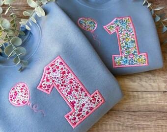 Liberty Birthday Balloon Jumper | Custom Embroidered Party Outfit | Official Liberty London Fabric | Boys and Girls Celebration Sweatshirt