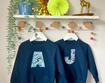 Liberty Initial on Navy Jumper | Made with Liberty of London Fabric | Perfect for Birthdays and Gifting | Boys & Girls Cosy Sweatshirt