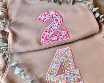 Frill Sleeve Birthday Jumper in Taupe | Embroidered Party Outfit | Liberty Fabric | Custom Sweatshirt | Birthday Girl | Gift Idea