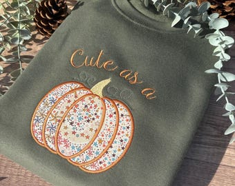 Khaki Green Pumpkin Jumper | Liberty Fabric | Halloween | Pumpkin Patch | Pumpkin Picking | Cute as a Pumpkin | Embroidered Autumn Outfit