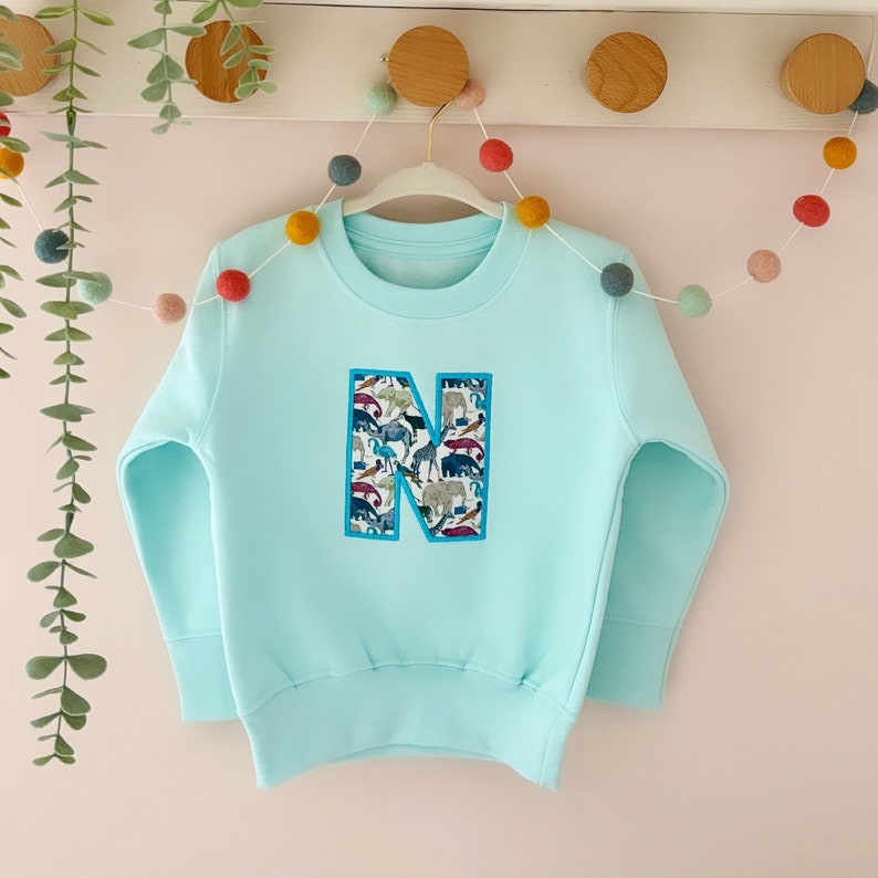 K&ouml;nnte beinhalten: Ein hellblauer Pullover mit einem gro&szlig;en Buchstaben N auf der Vorderseite. Der Buchstabe ist aus Stoff mit einem Muster aus bunten Tieren.