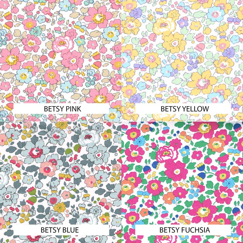 May include: A four-quadrant collage of floral fabric patterns. Top left is Betsy Pink with pink and blue flowers. Top right is Betsy Yellow with yellow and blue flowers. Bottom left is Betsy Blue with grey and blue flowers. Bottom right is Betsy Fuchsia with fuchsia and orange flowers.