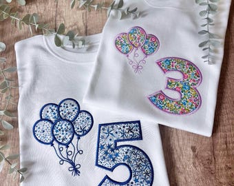 Liberty Birthday Balloon T-shirt | White Number Tee | Custom Embroidered Top | Party Outfit | Girls & Boys | Liberty of London Fabric | Gift