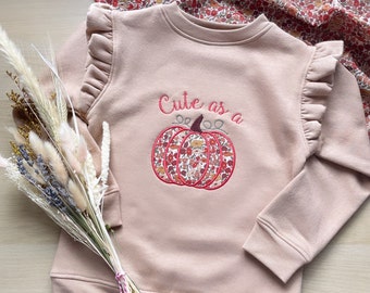 Pumpkin Jumper with Frill Sleeves | Autumn Liberty Fabric | Personalised Halloween Outfit | Pumpkin Picking Sweatshirt | Cosy and Soft