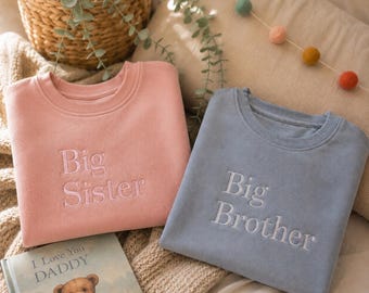 Childrens Matching Tops | New Baby | Big Sister | Big Brother | Gender Reveal | Pregnancy Announcement | Baby Shower  Embroidered Gift