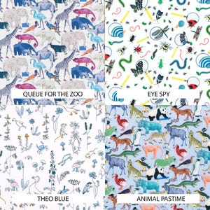 May include: A four-panel fabric print collection featuring Queue for the Zoo with animals, Eye Spy with insects and magnifying glasses, Theo Blue with botanical line drawings, and Animal Pastime with various animals on a light blue background.