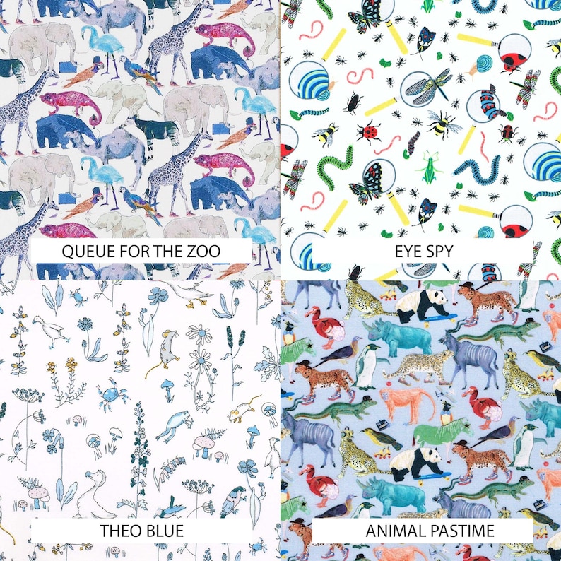 May include: A four-panel fabric print collection featuring Queue for the Zoo with animals, Eye Spy with insects and magnifying glasses, Theo Blue with botanical line drawings, and Animal Pastime with various animals on a light blue background.