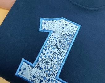 Liberty Birthday Number on a cosy Navy Jumper | Party Sweatshirt | Official Liberty of London Fabric | Birthday Outfit | Embroidered