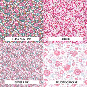 K&ouml;nnte beinhalten: Vier Stoffmuster mit Blumenmustern. Das Muster oben links ist ein rosa und blaues Blumenmuster mit der Bezeichnung "Betsy Ann Pink". Das Muster oben rechts ist ein rosa Blumenmuster mit der Bezeichnung "Phoebe". Das Muster unten links ist ein rosa und blaues Blumenmuster mit der Bezeichnung "Eloise Pink". Das Muster unten rechts ist ein wei&szlig;es Blumenmuster mit gr&ouml;&szlig;eren rosa Blumen mit der Bezeichnung "Felicte Cupcake".