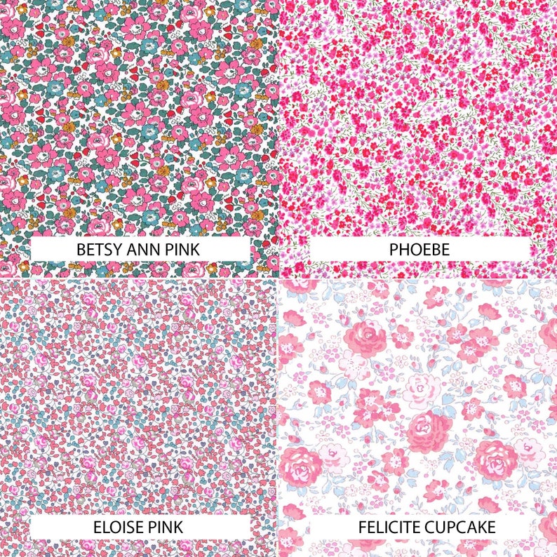 K&ouml;nnte beinhalten: Vier Stoffmuster mit Blumenmustern. Das Muster oben links ist ein rosa und blaues Blumenmuster mit der Bezeichnung "Betsy Ann Pink". Das Muster oben rechts ist ein rosa Blumenmuster mit der Bezeichnung "Phoebe". Das Muster unten links ist ein rosa und blaues Blumenmuster mit der Bezeichnung "Eloise Pink". Das Muster unten rechts ist ein wei&szlig;es Blumenmuster mit gr&ouml;&szlig;eren rosa Blumen mit der Bezeichnung "Felicte Cupcake".