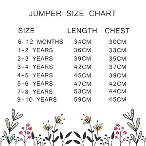 K&ouml;nnte beinhalten: Gr&ouml;&szlig;entabelle f&uuml;r Pullover mit Ma&szlig;en in Zentimetern f&uuml;r verschiedene Altersgruppen, von 6-12 Monaten bis 9-10 Jahren. Die Tabelle listet die L&auml;ngen- und Brustma&szlig;e f&uuml;r jede Gr&ouml;&szlig;e auf.