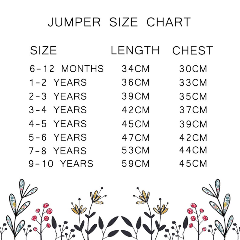 K&ouml;nnte beinhalten: Gr&ouml;&szlig;entabelle f&uuml;r Pullover mit Ma&szlig;en in Zentimetern f&uuml;r verschiedene Altersgruppen, von 6-12 Monaten bis 9-10 Jahren. Die Tabelle listet die L&auml;ngen- und Brustma&szlig;e f&uuml;r jede Gr&ouml;&szlig;e auf.