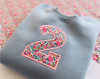 Liberty Birthday Number Dusty Blue Jumper | Party Sweatshirt | Official Liberty of London Fabric | Birthday Outfit | Beautifully Embroidered