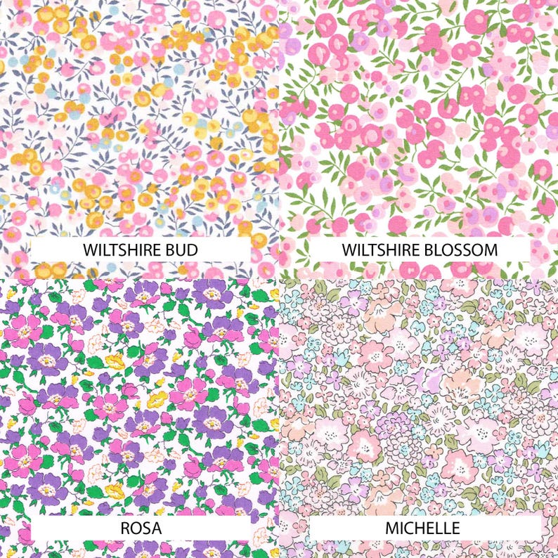 May include: A four-quadrant fabric pattern display. Top left: Wiltshire Bud with yellow and pink berries on gray stems. Top right: Wiltshire Blossom with pink berries and green leaves. Bottom left: Rosa with purple and pink flowers. Bottom right: Michelle with light pink and blue floral clusters.