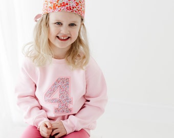 Pastel Pink Birthday Jumper | Embroidered Party Outfit | Liberty Fabric | Custom Sweatshirt | Birthday Boy | Birthday Girl | Gift Idea