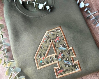 Khaki Birthday Jumper | Embroidered Party Outfit | Liberty Fabric | Custom Sweatshirt | Number | Birthday Boy | Birthday Girl | Gift Idea