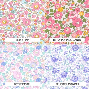 K&ouml;nnte beinhalten: Vier Stoffmuster mit Blumenmustern. Das Muster oben links hat einen wei&szlig;en Hintergrund mit rosa und blauen Blumen. Das Muster oben rechts hat einen wei&szlig;en Hintergrund mit rosa, gelben und gr&uuml;nen Blumen. Das Muster unten links hat einen wei&szlig;en Hintergrund mit rosa, blauen und gr&uuml;nen Blumen. Das Muster unten rechts hat einen wei&szlig;en Hintergrund mit lila und blauen Blumen. Die Muster sind mit "Betsy Pink", "Betsy Popping Candy", "Betsy Pastel" und "Felicite Lavender" beschriftet.