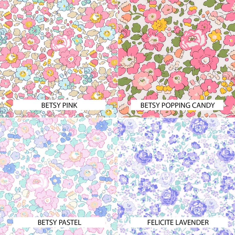 K&ouml;nnte beinhalten: Vier Stoffmuster mit Blumenmustern. Das Muster oben links hat einen wei&szlig;en Hintergrund mit rosa und blauen Blumen. Das Muster oben rechts hat einen wei&szlig;en Hintergrund mit rosa, gelben und gr&uuml;nen Blumen. Das Muster unten links hat einen wei&szlig;en Hintergrund mit rosa, blauen und gr&uuml;nen Blumen. Das Muster unten rechts hat einen wei&szlig;en Hintergrund mit lila und blauen Blumen. Die Muster sind mit "Betsy Pink", "Betsy Popping Candy", "Betsy Pastel" und "Felicite Lavender" beschriftet.