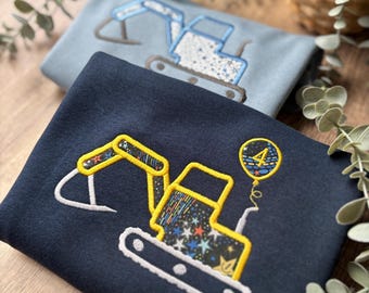 Liberty Fabric Digger Jumper | Embroidered Birthday Balloon | Farm Theme | Birthday Boy | Birthday Girl | Party Top | Diggerland | Gift Idea
