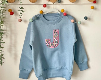 Liberty Initial on a cosy Dusty Blue Jumper | Letter | Sweatshirt | Official Liberty of London Fabric | Birthday Gift | Embroidered